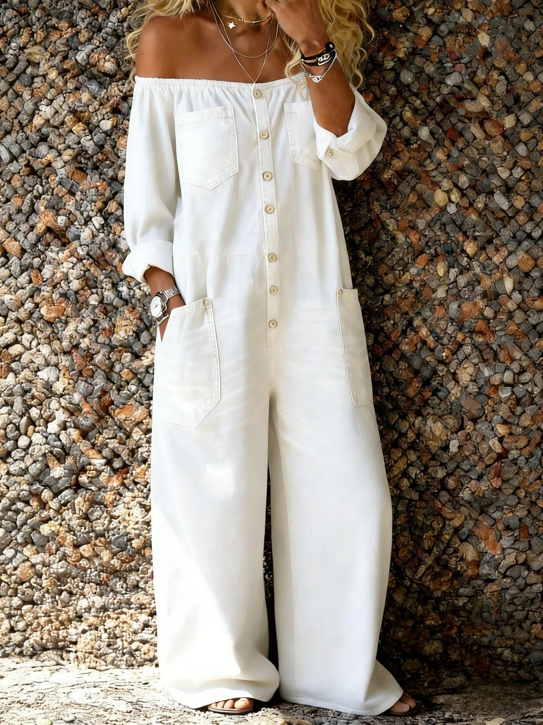 Women's Casual Long Sleeve Washed Cotton Denim Jumpsuit