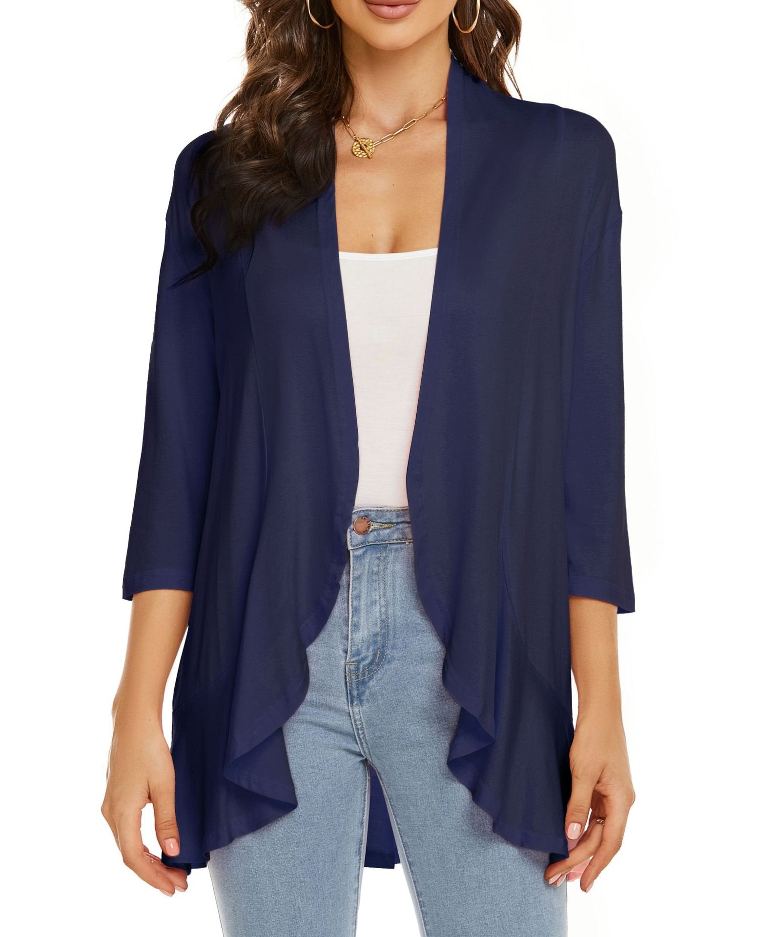 Lightweight Open Front Cardigan – Soft Rayon Blend, 3/4 Sleeve
